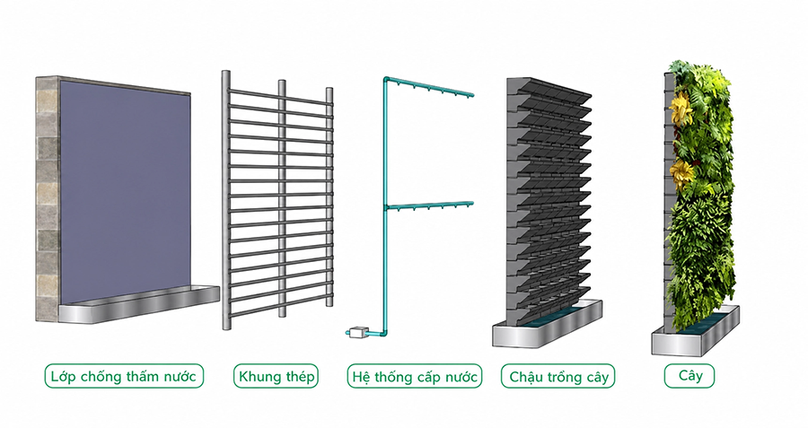 Thi công tường cây khung chậu